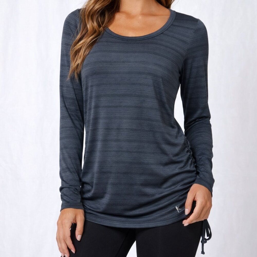 Danskin Gray Striped Long‎ Sleeve Top | Adjustable Side Drawstring | Size Small